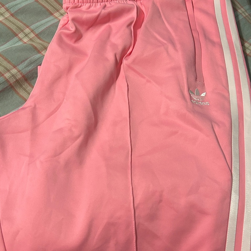 Adidas Women's Pink Joggers with White Stripes